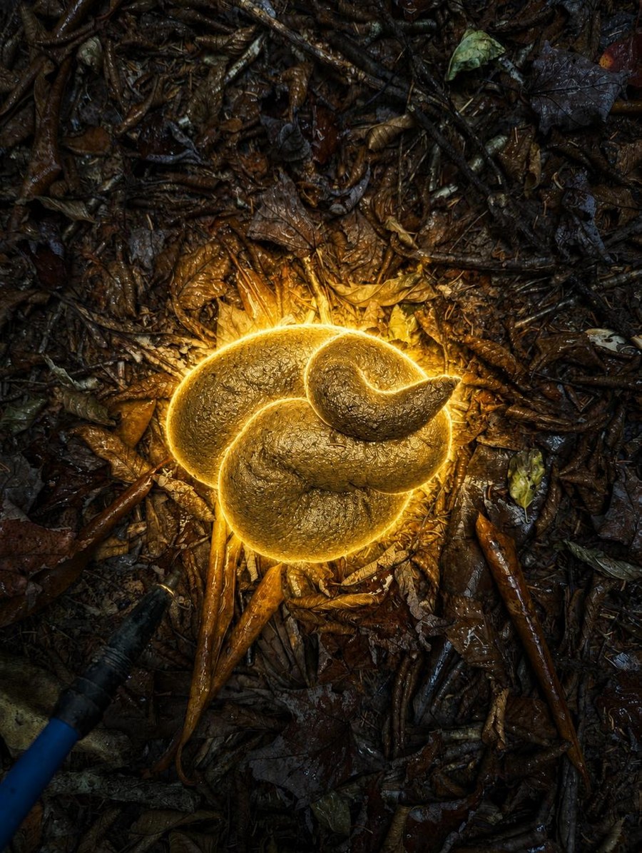 Pooppa on the forest floor, ringed by a halo of golden light